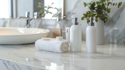 Obraz na płótnie Canvas Cosmetics bottlesle countertop in modern bathroom, closeup