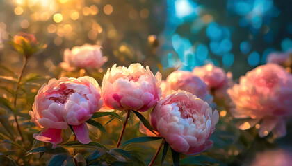 Peonies and butterflies. Summer garden in the rays of the setting sun
