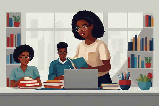 Teacher and students in classroom. Vector illustration in flat style