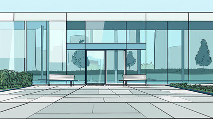 Entrance to the office with a glass facade. Simple vector art