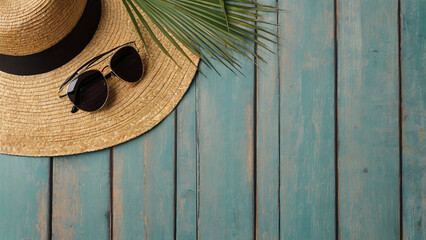 Straw hat, sunglasses and palm leaf on blue wooden background.