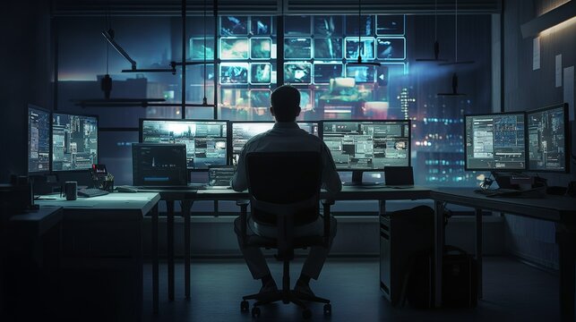 A security guard or an employee of the security services sits in a room with many monitors from surveillance cameras