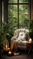 A serene corner with a beautiful scented candle, surrounded by green plants and a cozy armchair