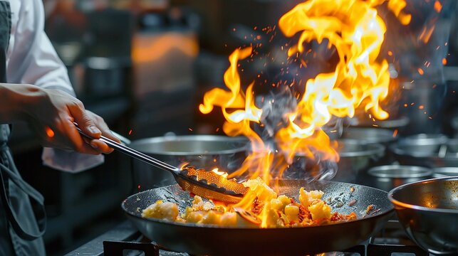 Professional chef hands cook food with fire in kitchen at restaurant