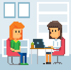 Doctor and patient. 8-bit sprite. isolated vector illustration. Design for stickers, logo, embroidery, mobile app.