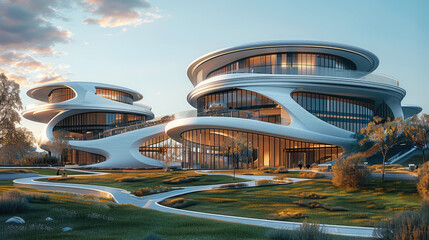 The front view of three modern circular buildings with curved roofs and large terraces on grassed streets. Generative AI.