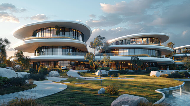 The front view of three modern circular buildings with curved roofs and large terraces on grassed streets. Generative AI.