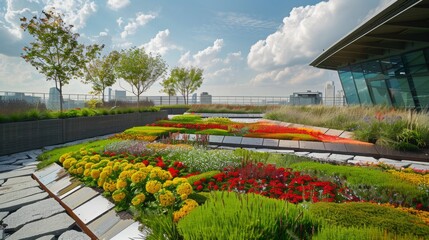 Fototapeta premium Diverse Plants and Flowers on Green Roof