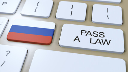 Russia Country National Flag and Pass a Law Text on Button 3D Illustration