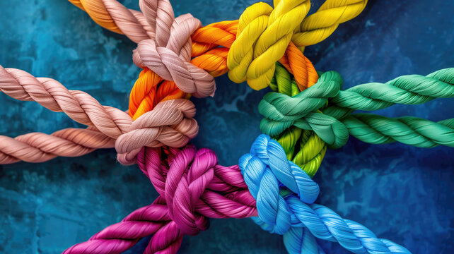 Team rope diverse strength connect partnership together teamwork unity communicate support. Strong diverse network rope team concept integrate braid color background cooperation empower power.