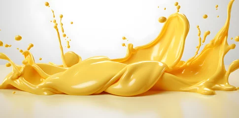 Poster Yellow melted cheese splash isolated on white background © Oksana