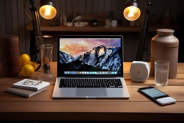 A laptop on a wooden surface, surrounded by a few essential items, creating a balanced and visually appealing composition in a well-lit setting.