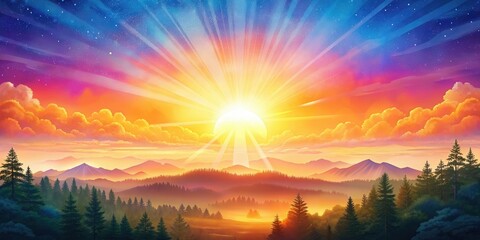 Vibrant sunrise over a misty mountain landscape - A breathtaking, colorful sunrise illuminates the sky, casting rays over mist-shrouded mountains and a serene pine forest