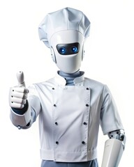 Robot chef giving a thumbs up - A futuristic robot chef dressed in a traditional white uniform gives a thumbs up, symbolizing the intersection of technology and culinary arts
