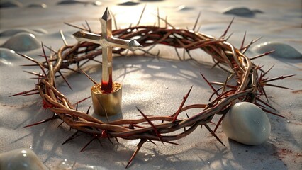 Crown of thorns and cross depicting sacrifice - A symbolic representation of sacrifice with a crown of thorns placed around a cross in a surreal setting