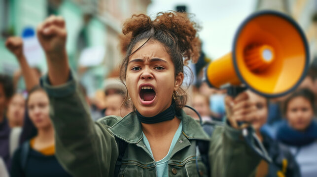 Megaphone, woman and people for human rights or justice with freedom of speech in city street.	
