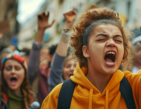 Megaphone, woman and people for human rights or justice with freedom of speech in city street.	

