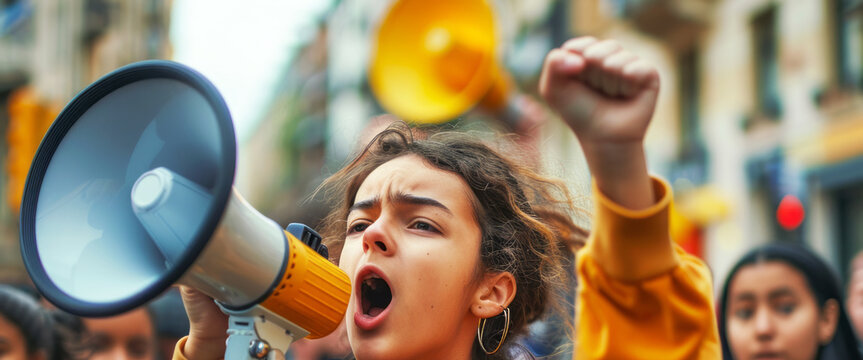 Megaphone, woman and people for human rights or justice with freedom of speech in city street.	

