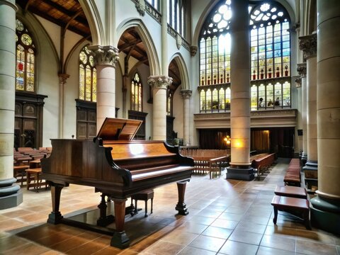 Classical piano in a grand church setting - Amazing image of a piano in the middle of a spacious church with beautiful architectural details