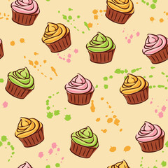 Sweet seamless pattern with colorful cupcakes and colorful fun splashes and paint stains. Cute design with cakes suitable for prints, fabric, background and wrapping paper