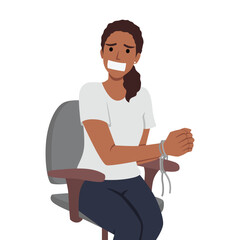 Woman hostage with bound hands sits in chair after being kidnapped. Flat vector illustration isolated on white background