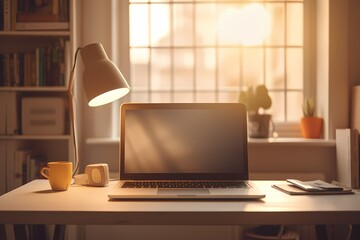 A laptop on a white surface, the soft lighting and muted colors contributing to a calm and organized atmosphere in a well-lit room.