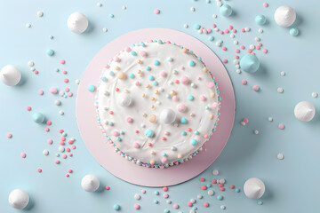 Cake with white whipped cream and colorful sprinkles. Top view isolated on pile pink and blue background
