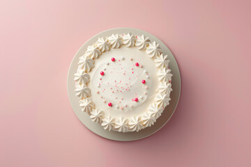 Cake with white whipped cream and colorful sprinkles. Top view isolated on pile pink background