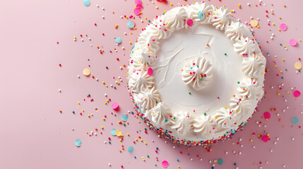 Cake with white whipped cream and colorful sprinkles. Top view isolated on pile pink background - obrazy, fototapety, plakaty