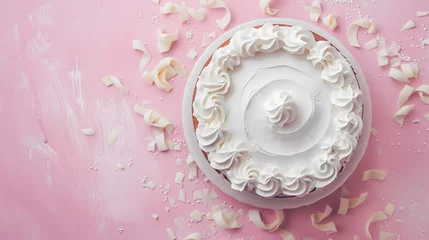 Poster Cake with white whipped cream and colorful sprinkles. Top view isolated on pile pink background © Oksana