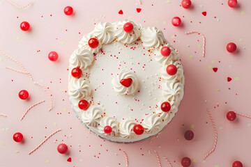 Cake with white whipped cream and colorful sprinkles. Top view isolated on pile pink background - obrazy, fototapety, plakaty