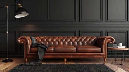 Stylish black interior with a brown leather sofa, floor lamp, coffee table, carpet, and wood...