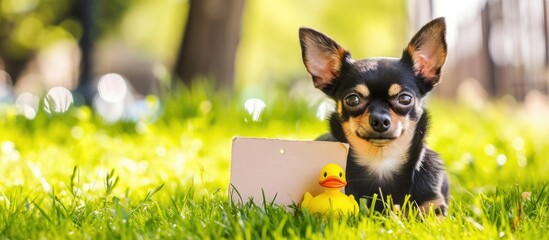 Chihuahua dog rests on grass in the city park, holding a blank placard and a yellow duck toy.