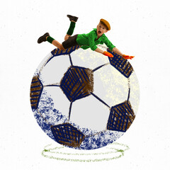 Positive little bot, child playing on giant football ball against white background. Creative...