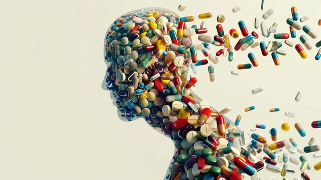 Silhouette of Human Head with Pills and Tablets Scattering
