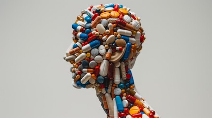 Abstract Human Head Silhouette Formed by Assorted Pills
