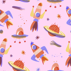 Mid Century space seamless pattern. Print with rocket, planet, star, comet and UFO. Retro illustration design for textile graphic, kid design, fabric, wrapping, wallpaper, textile.