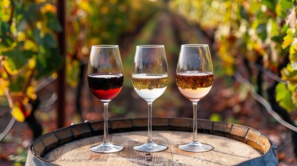 Three glasses of wine, in white, rosé and red, on a wooden barrel amidst vineyards.