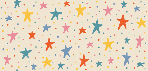 Stars hand drawn Y2K naive seamless pattern. Vector colorful doodle funny confetti background in 70s groovy style - obrazy, fototapety, plakaty