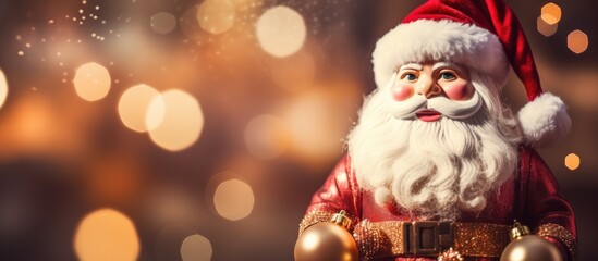 A close-up view of a Santa Claus figurine holding a card with the text NIKOLAUS in his hands. The figurine is detailed and colorful, showcasing Santas iconic attire and joyful expression. - obrazy, fototapety, plakaty