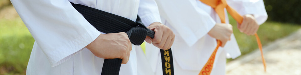 Web banner with taekwondo athletes tying belts before sparring