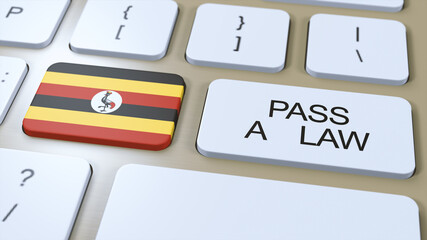 Uganda Country National Flag and Pass a Law Text on Button 3D Illustration