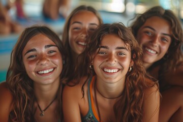 Fototapeta premium Four teenage girls with sun-kissed freckles smiling warmly, sharing a moment of friendship