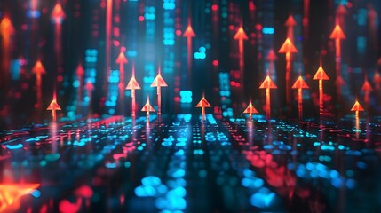 Abstract digital background with glowing arrows and binary code. Technology and business concept.