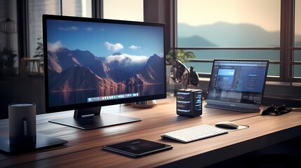 A high-end desktop computer with dual monitors, positioned on a tidy desk, surrounded by modern office accessories.