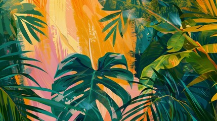 Fototapeta na wymiar Tropical abstract design background with painted palm leaves, jungle foliage, and monstera leaves. Suitable for wallpapers and patterns in botanical, exotic, or tropical styles.