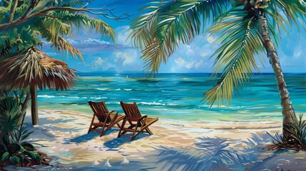 Tropical Paradise Banner: Palm Beach Seating and Shade - obrazy, fototapety, plakaty