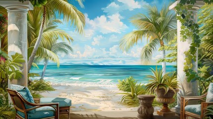 Tropical Paradise Banner: Palm Beach Seating and Shade - obrazy, fototapety, plakaty