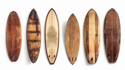 Vintage wooden surfboards in different styles, isolated on white background. Clipping path included for easy editing. - obrazy, fototapety, plakaty