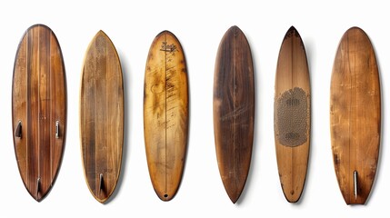 Vintage wooden surfboards in different styles, isolated on white background. Clipping path included for easy editing.